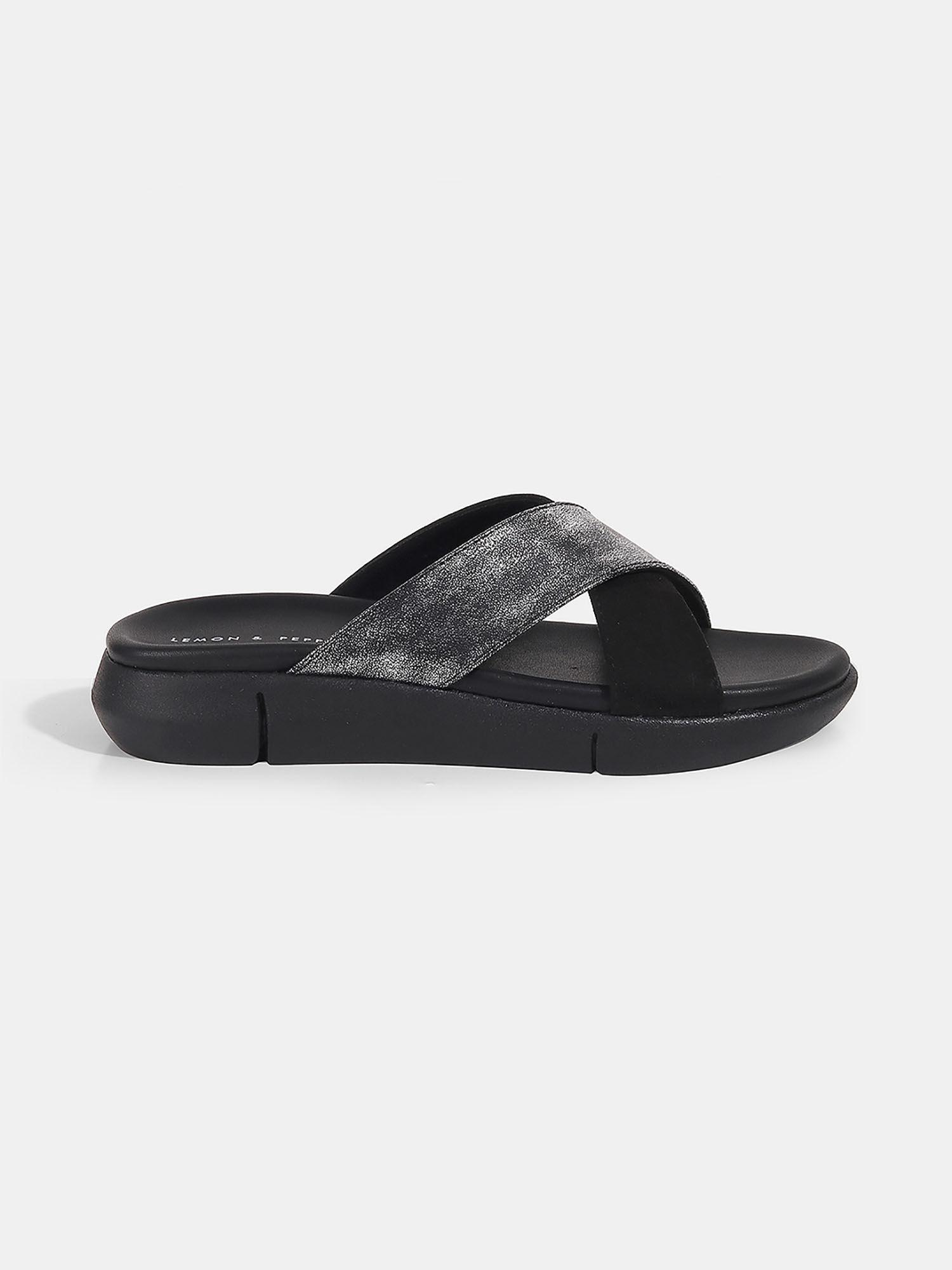 black cross strap sliders