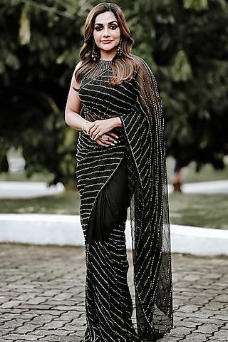 black crystal organza cutdana hand embellished draped saree set