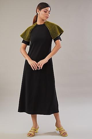 black cupro & viscose embroidered a-line flared dress