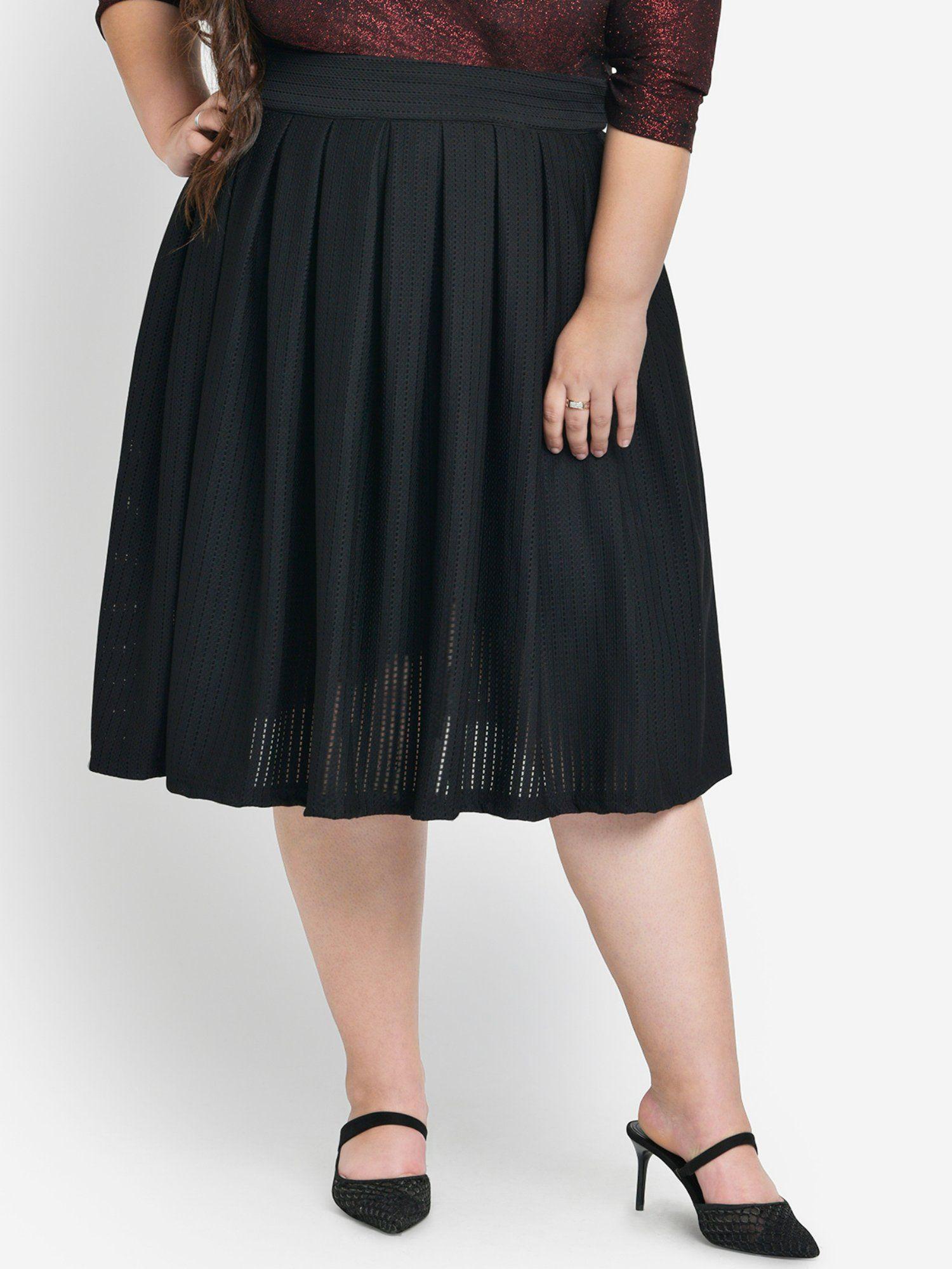 black curve plus size box pleat perforated skirt