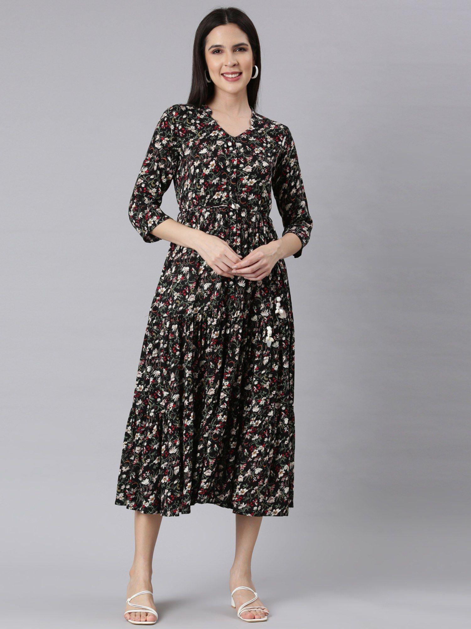 black curved casual floral midi dress with belt (set of 2)