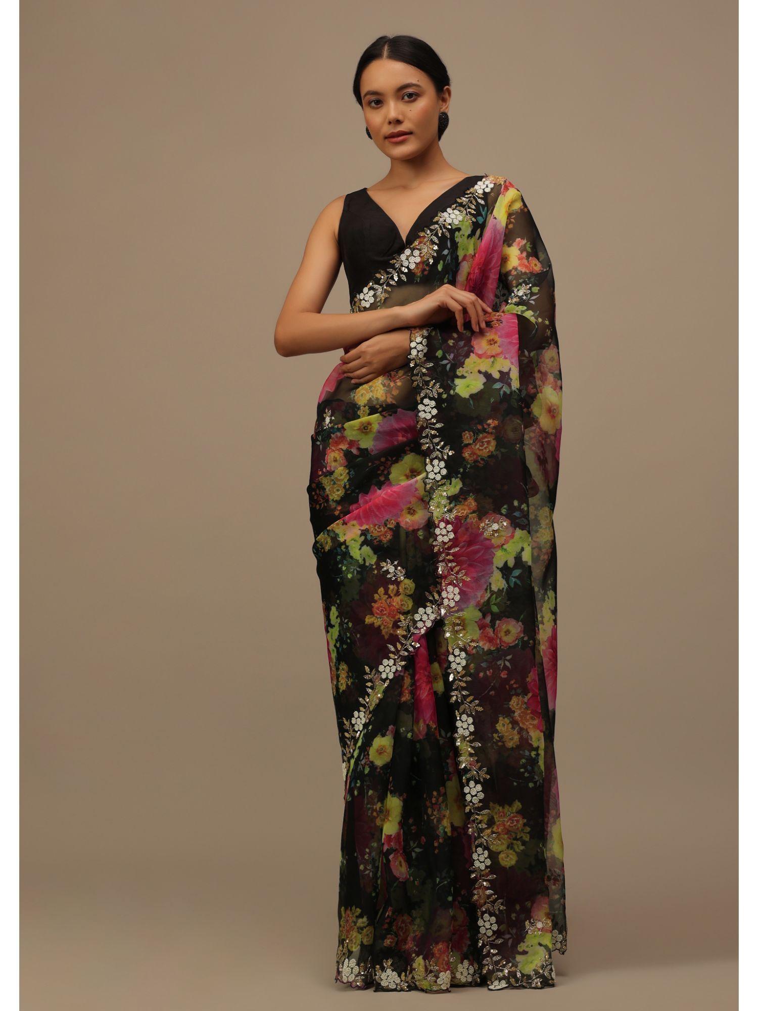 black cut dana embroidered saree in organza with floral print with unstitched blouse