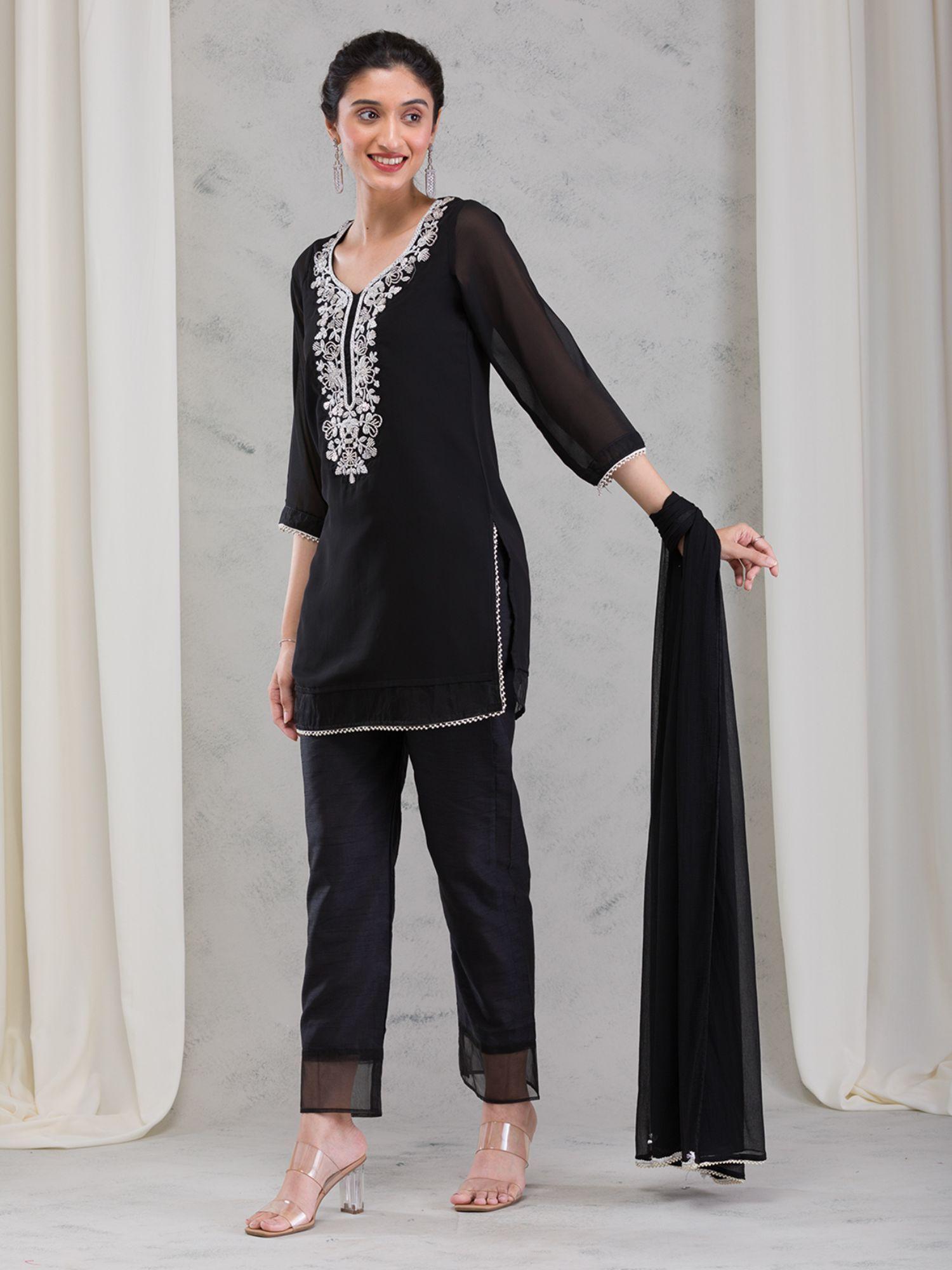 black cut dana georgette readymade kurta with palazzo & dupatta (set of 3)