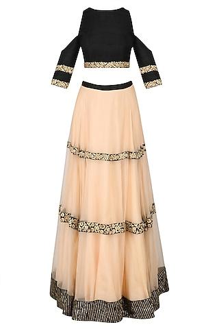 black cut out crop top and zardozi embroidered lehenga skirt