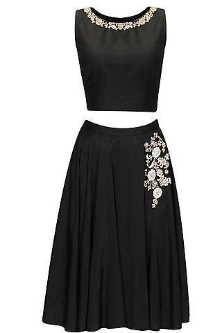 black dabka embroidered crop top and skirt