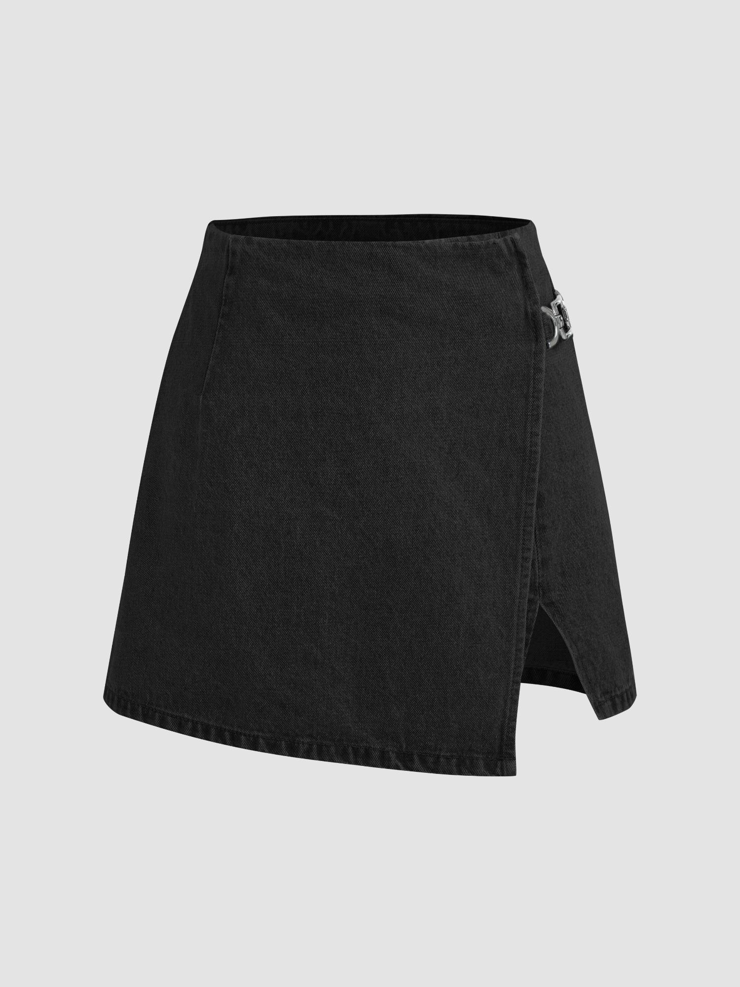 black denim mid waist split shorts