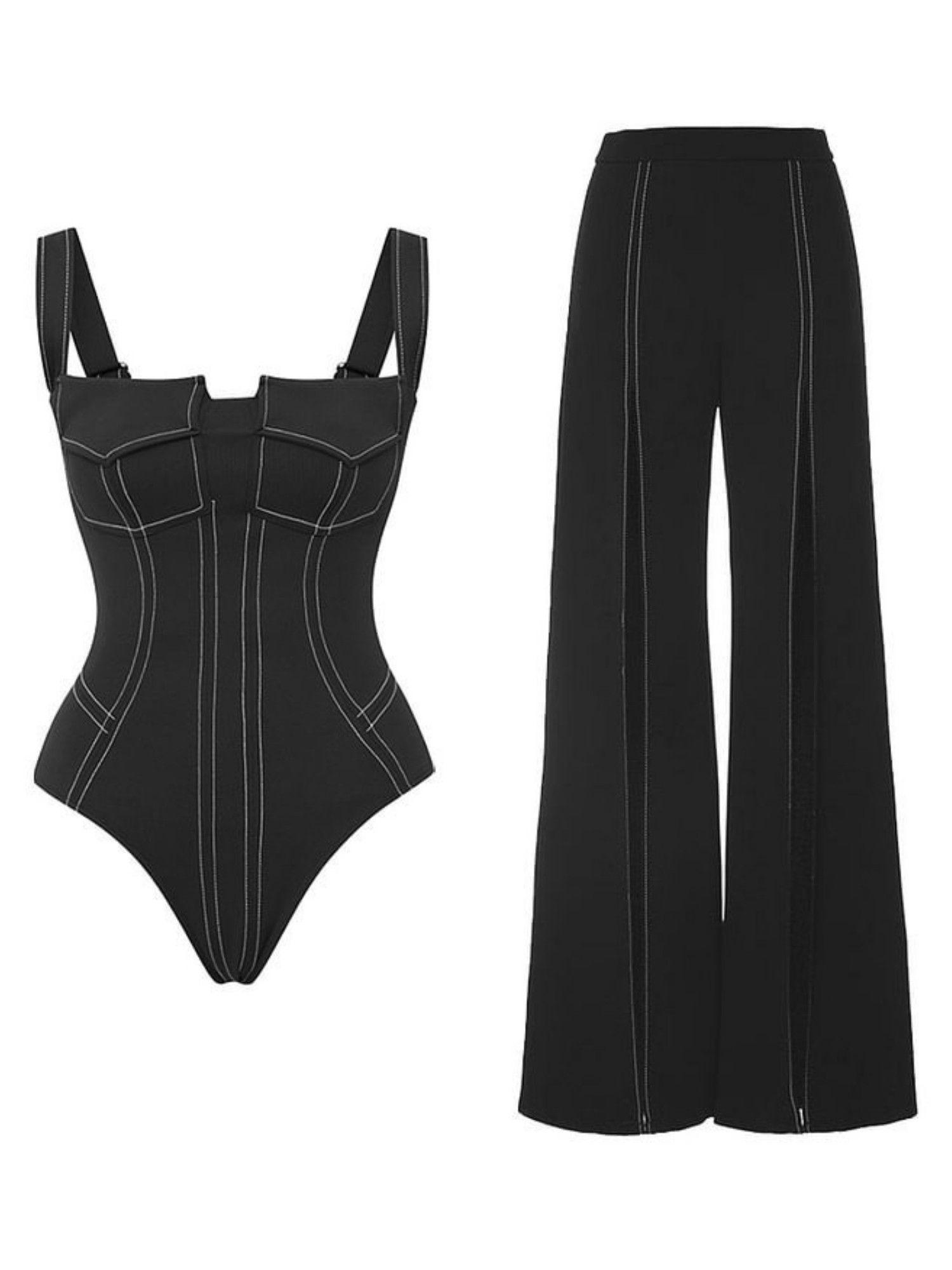 black denim monokini and pant (set of 2)