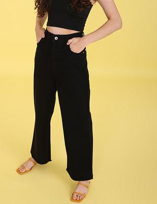 black denim weave wide leg jeans