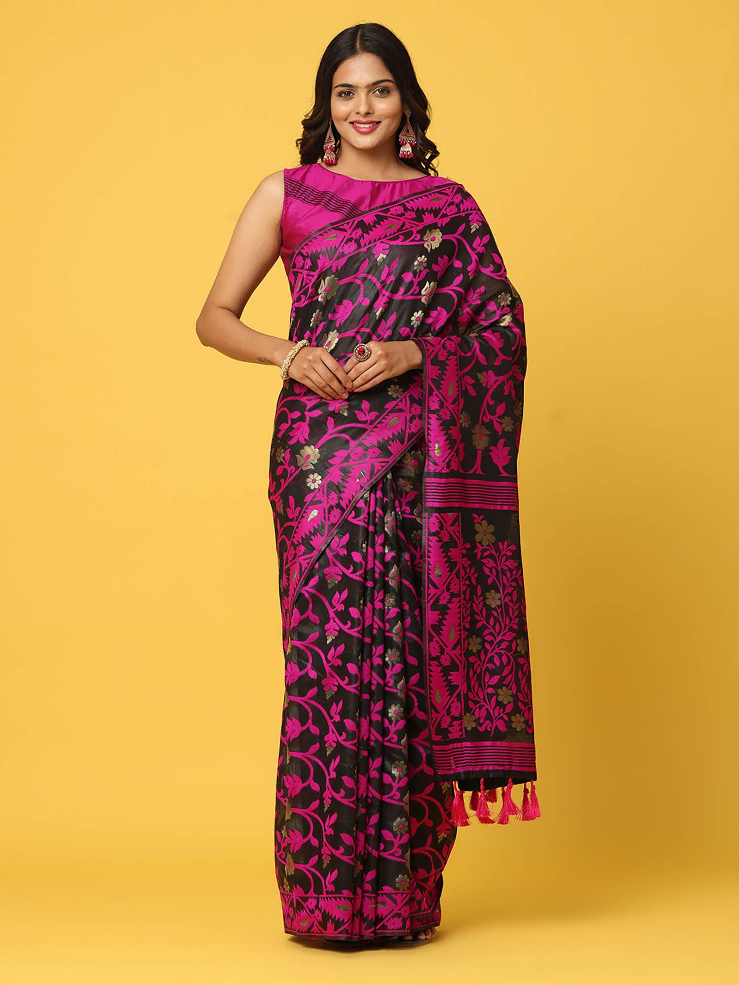 black dhakai jamdani saree with unstitched blouse