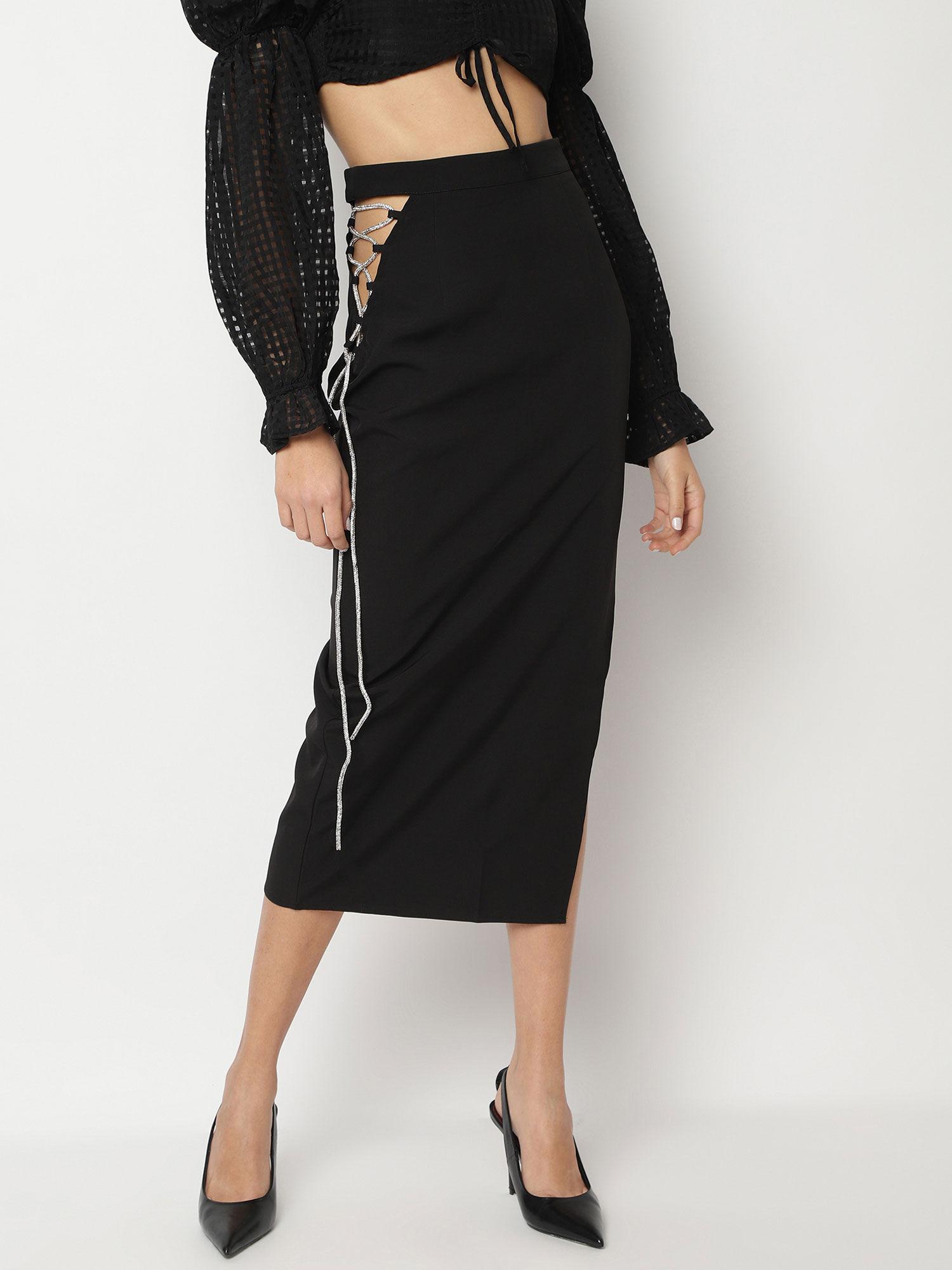 black diamante lace up side midaxi skirt