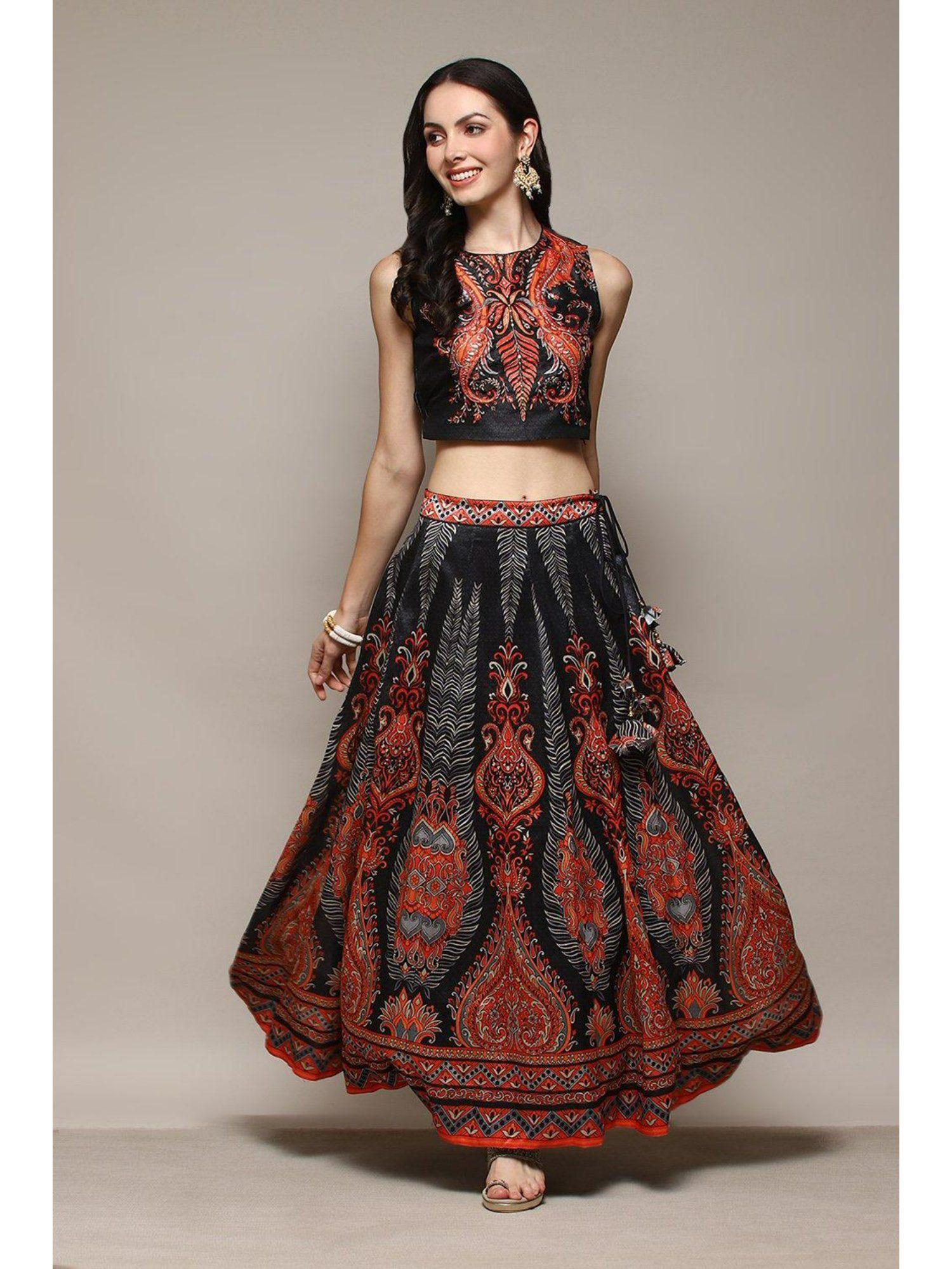 black doby straight printed lehenga (set of 2)