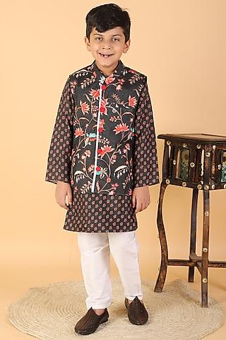 black dola silk & cotton silk floral printed jacket with kurta set for boys