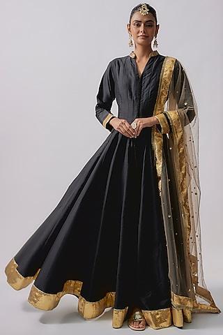 black dola silk & polyester embroidered anarkali set