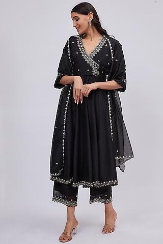 black dola silk embroidered anarkali set