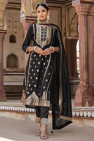 black dola silk jacquard sequins embellished kurta set