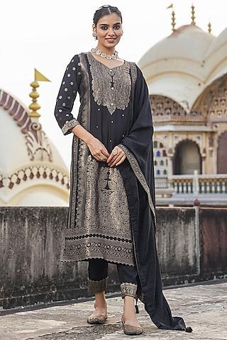 black dola silk jacquard sequins embellished kurta set