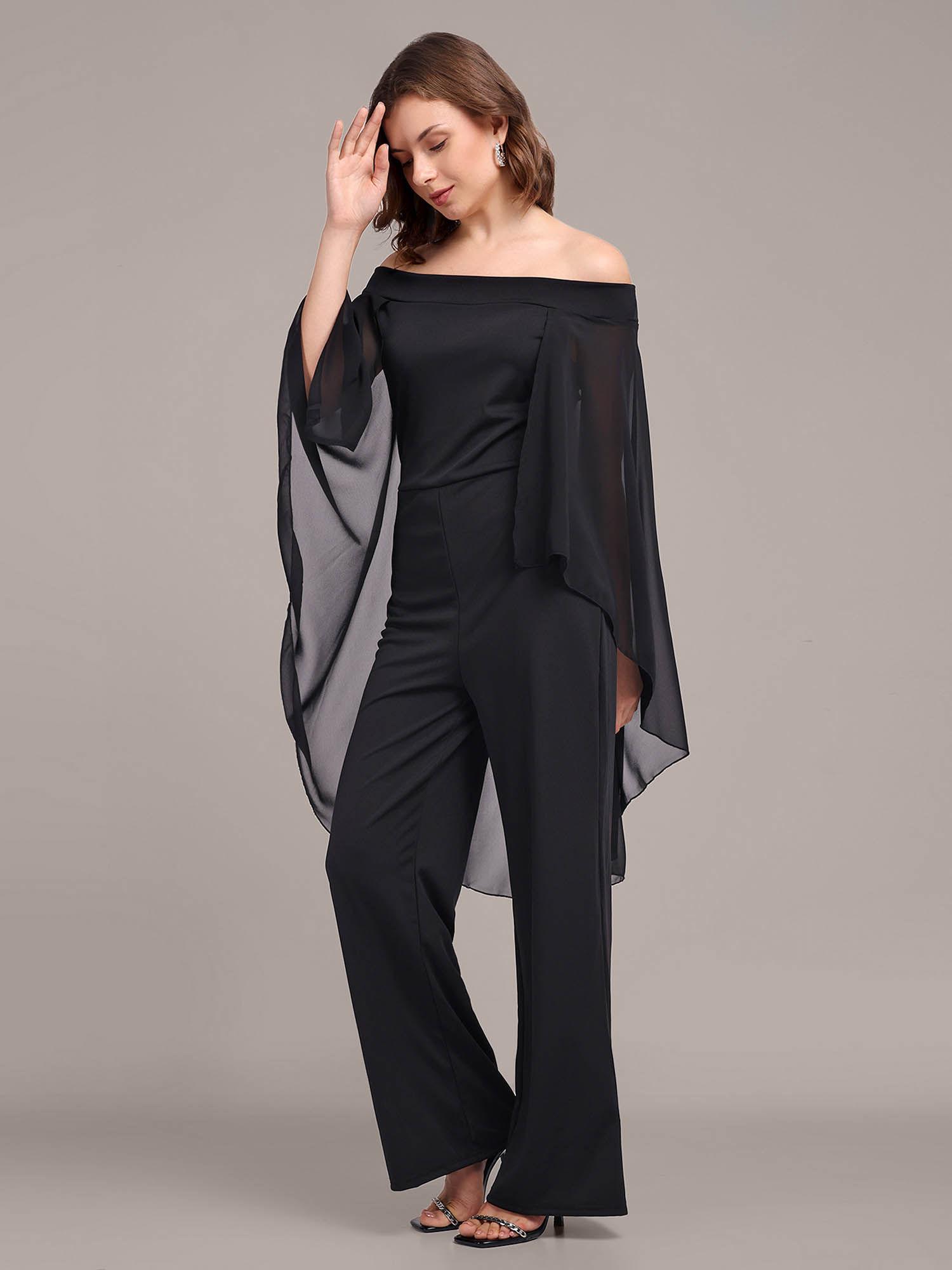 black drape off-shoulder jumpsuit