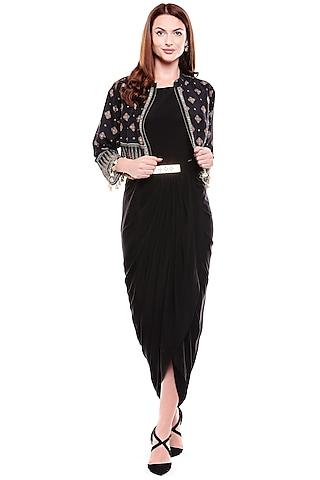 black draped dress with printed jacket