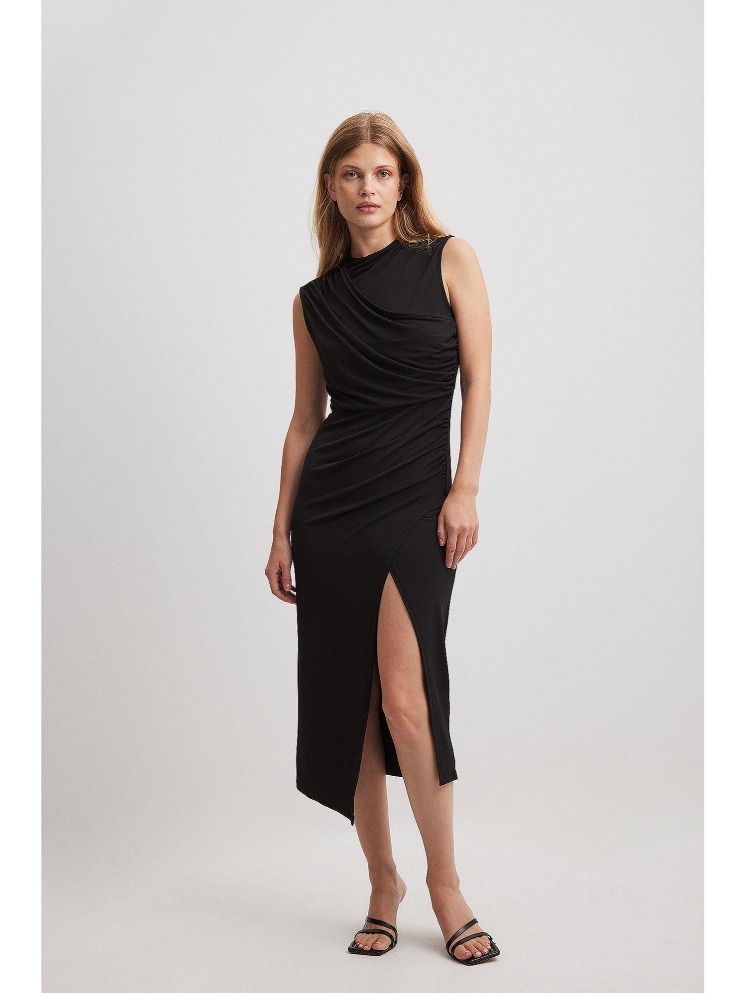 black drapy midi dress