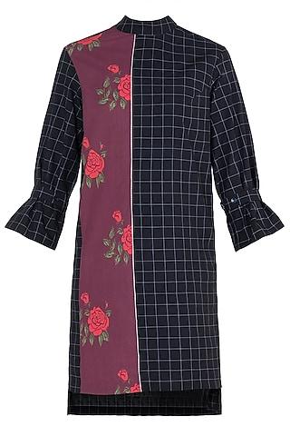 black dual checks & rose printed dress