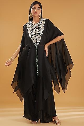 black dupion & organza sequins embroidered cape set