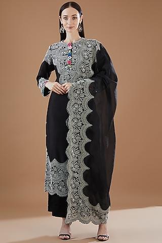 black dupion embroidered kurta set