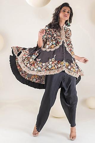 black dupion floral resham & zardosi embroidered cape set