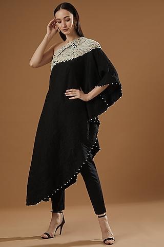 black dupion off-shoulder tunic set