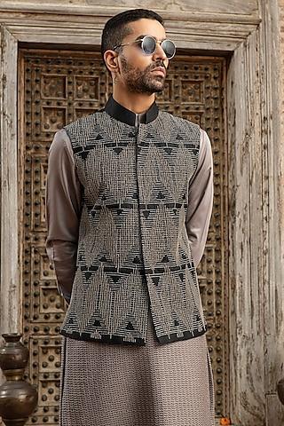 black dupion raw silk blend aari embroidered nehru jacket