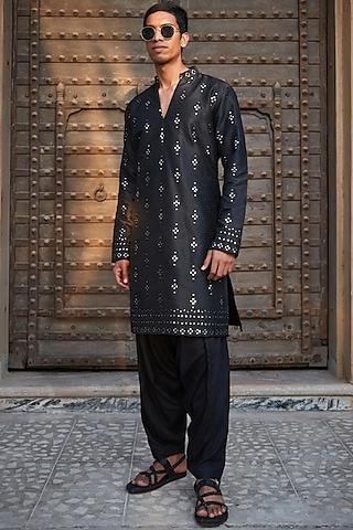 black dupion silk chikankari embroidered kurta set