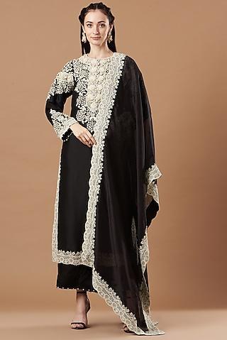 black dupion silk embroidered kurta set