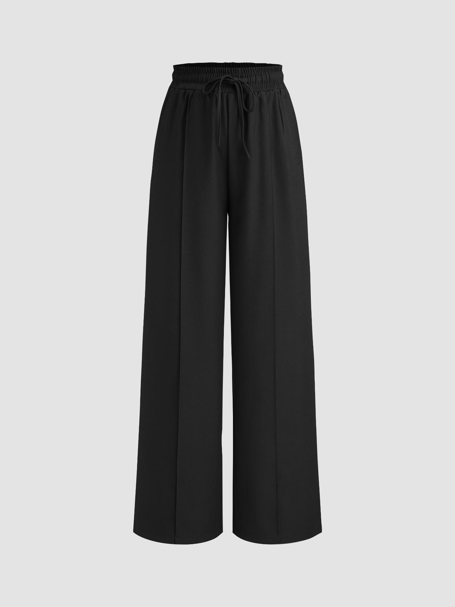 black elastic waist drawstring straight leg pant