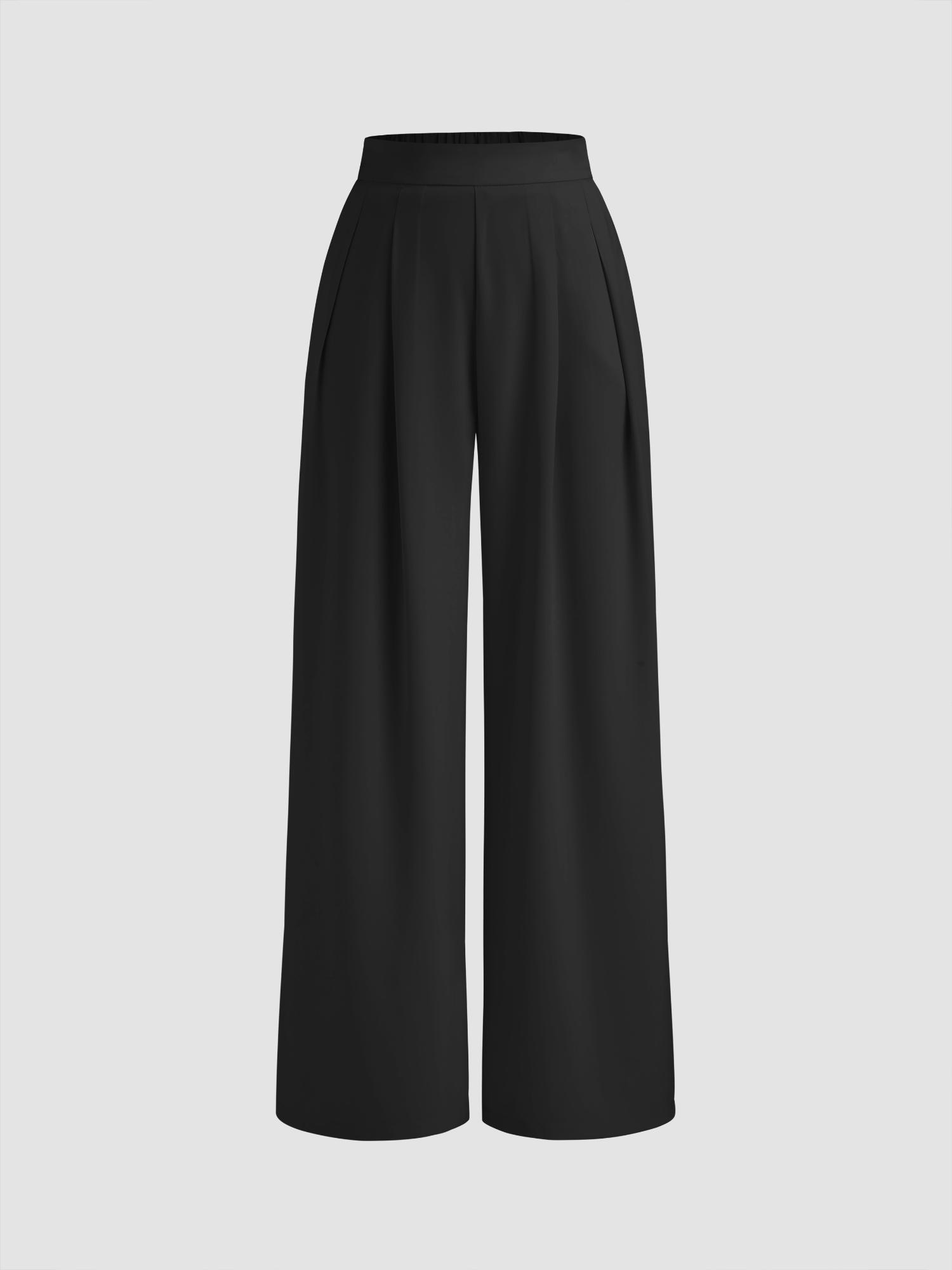 black elastic waist solid pleated wide leg trouser