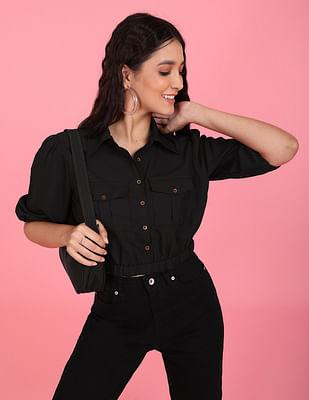 black elasticized hem solid polyester crop shirt