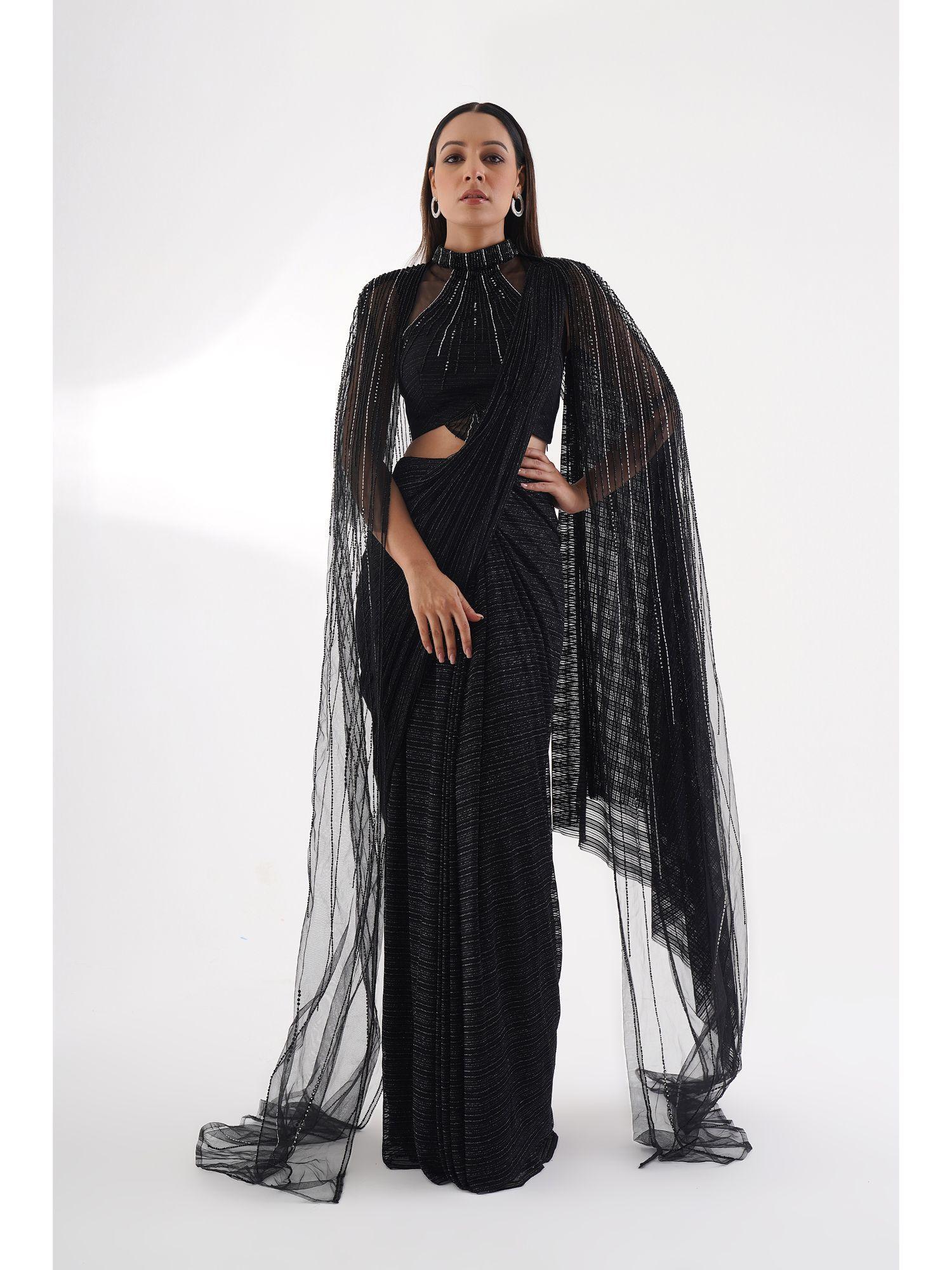 black embellished cape style drape saree with stitched blouse