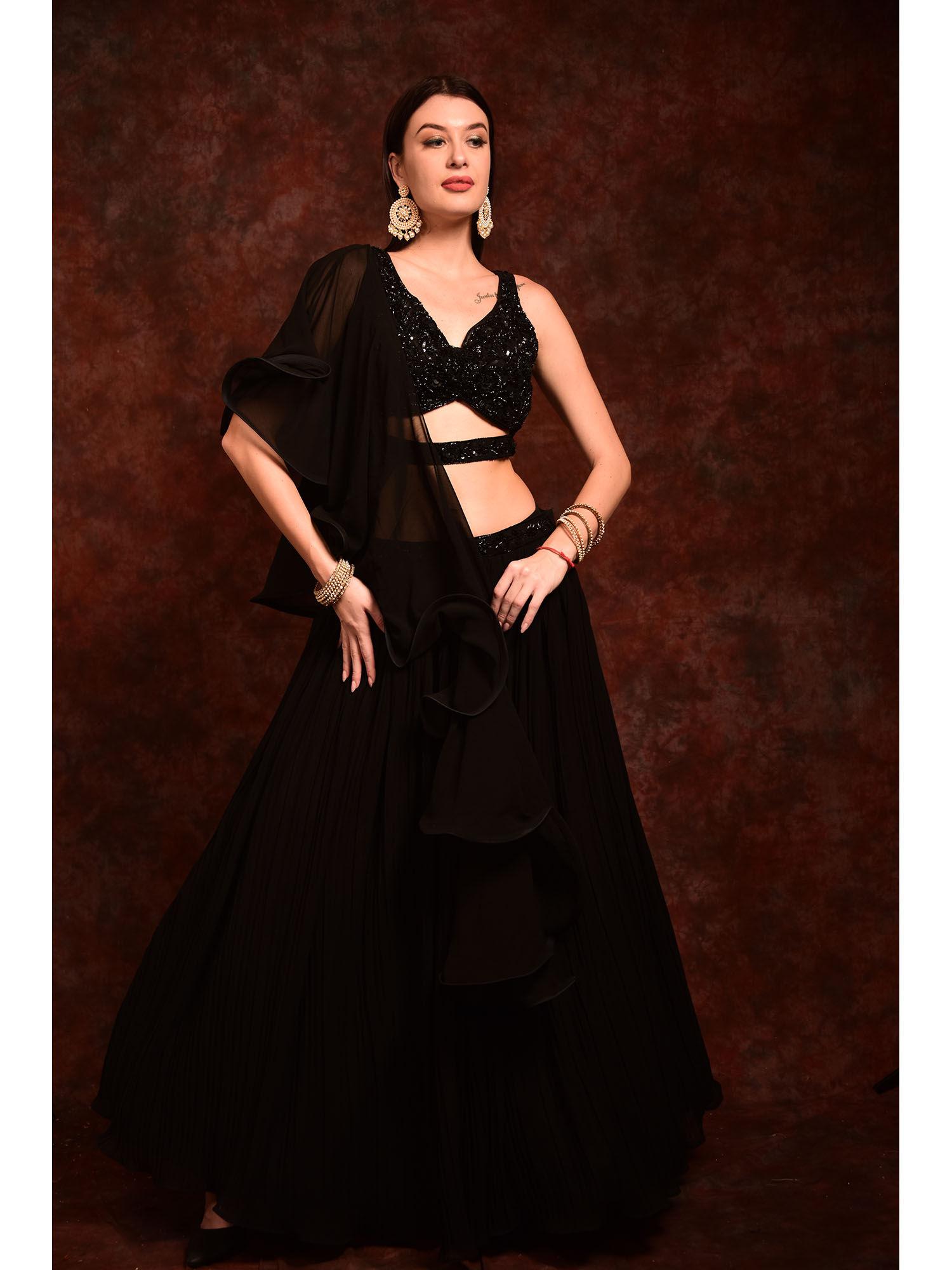 black embellished crop-top skirt with dupatta (set of 3)