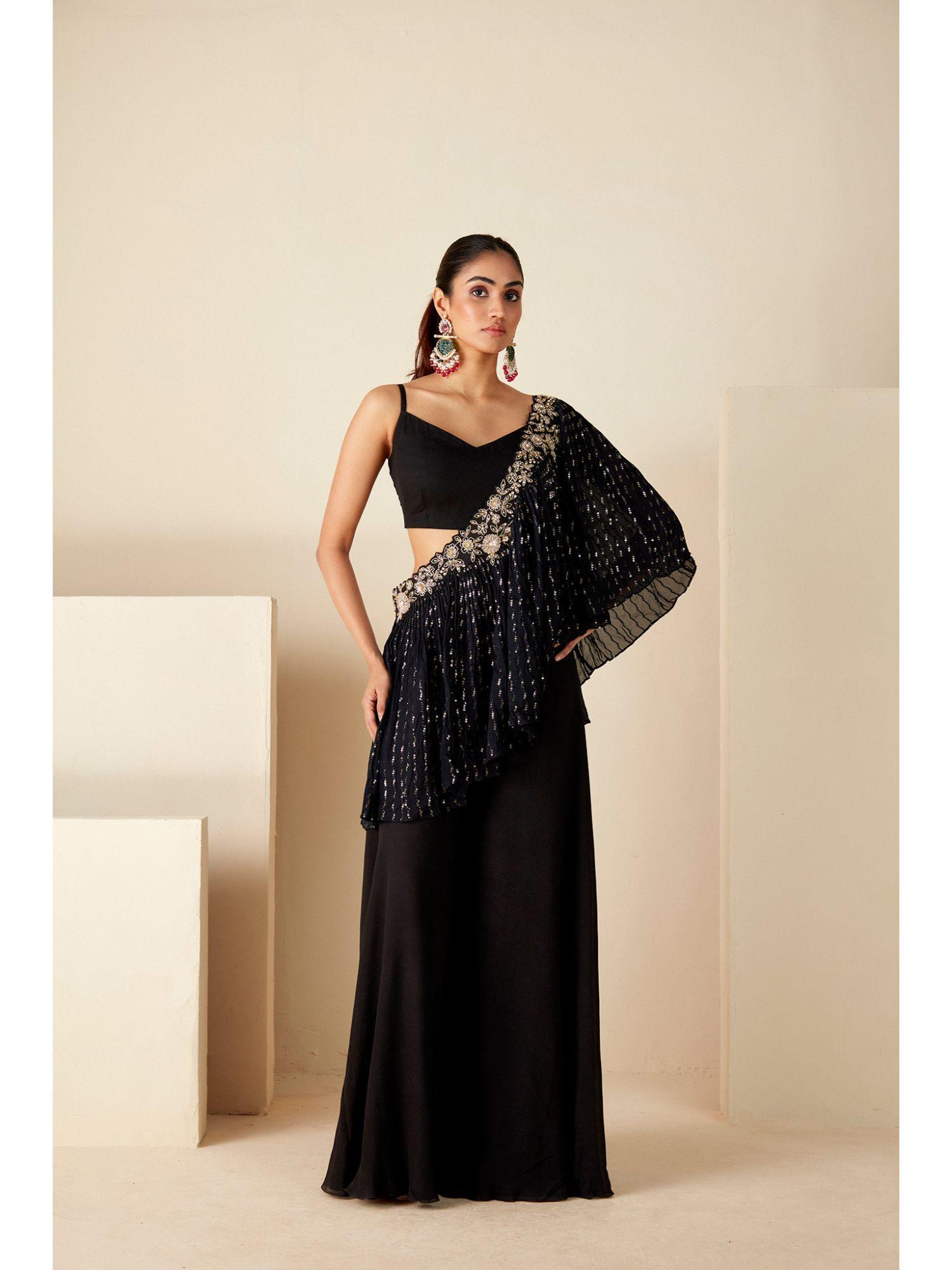 black embellished crop top with palazzo and pre drape dupatta (set of 3)