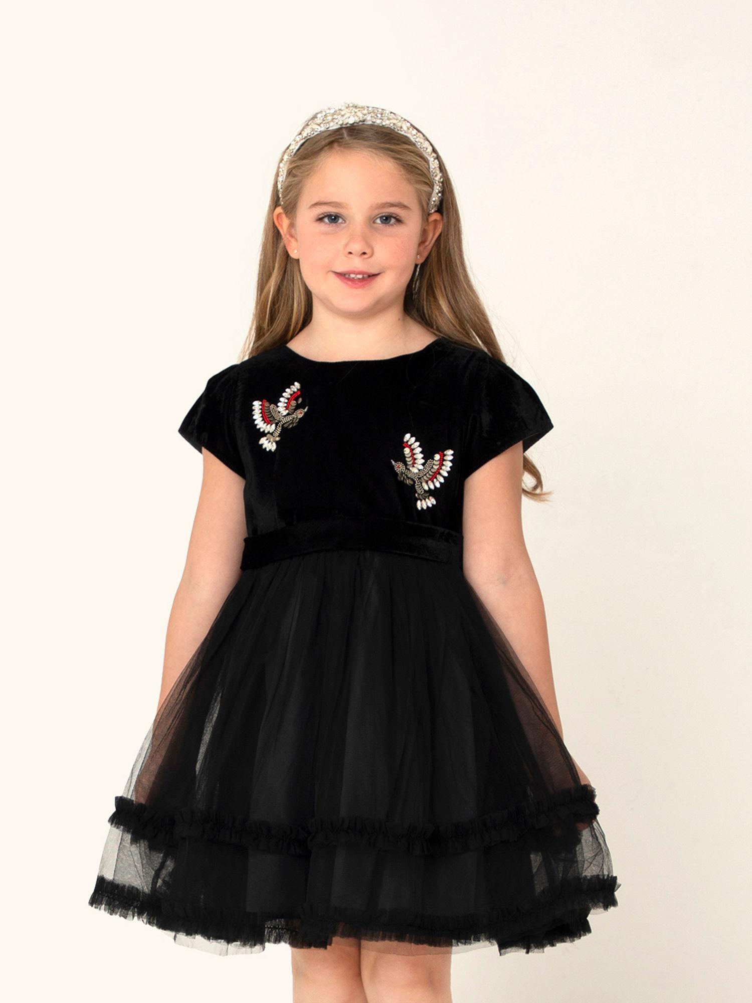 black embellished fit & flare floret net dress