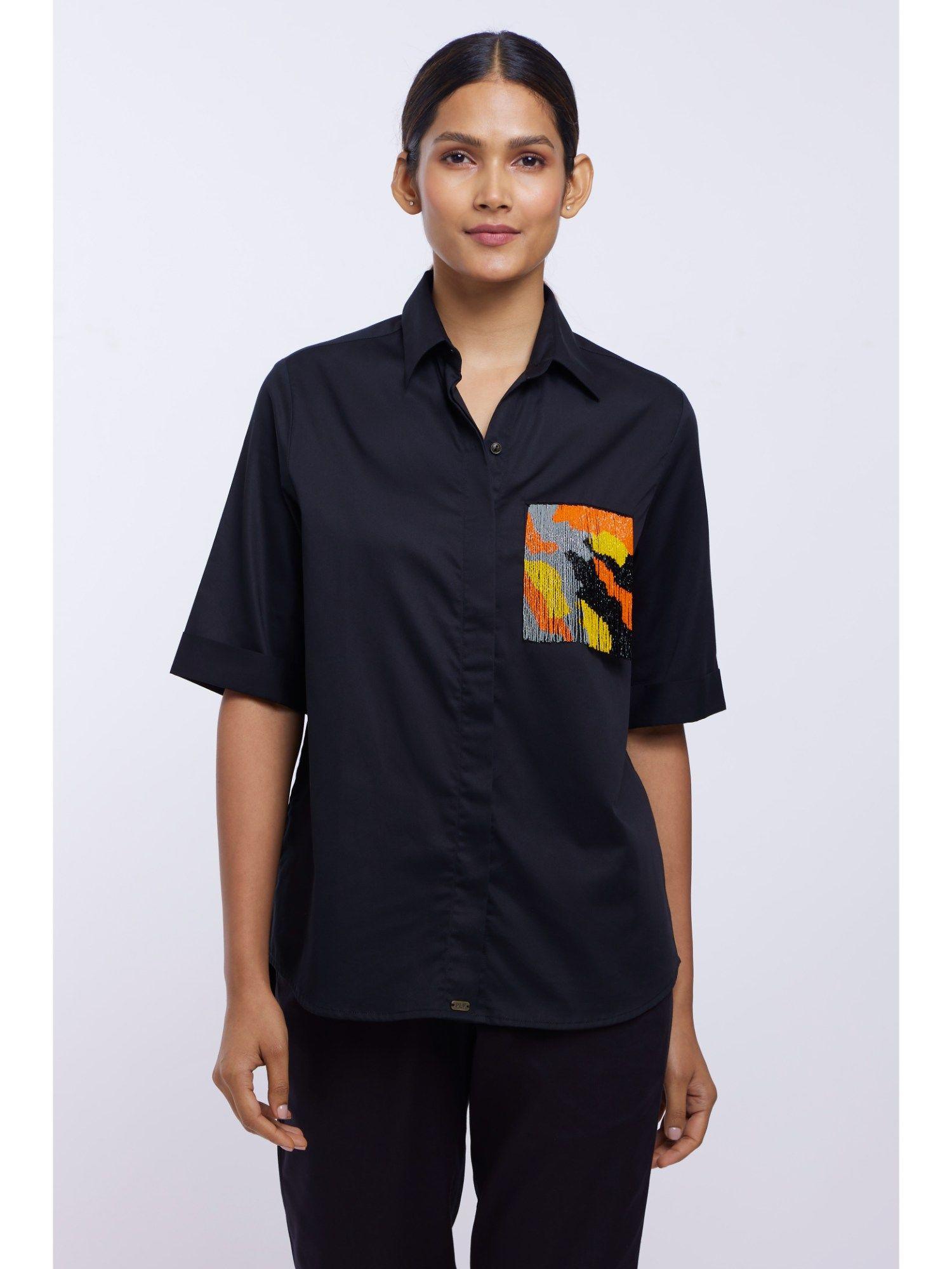 black embellished fringe front pocket shirt