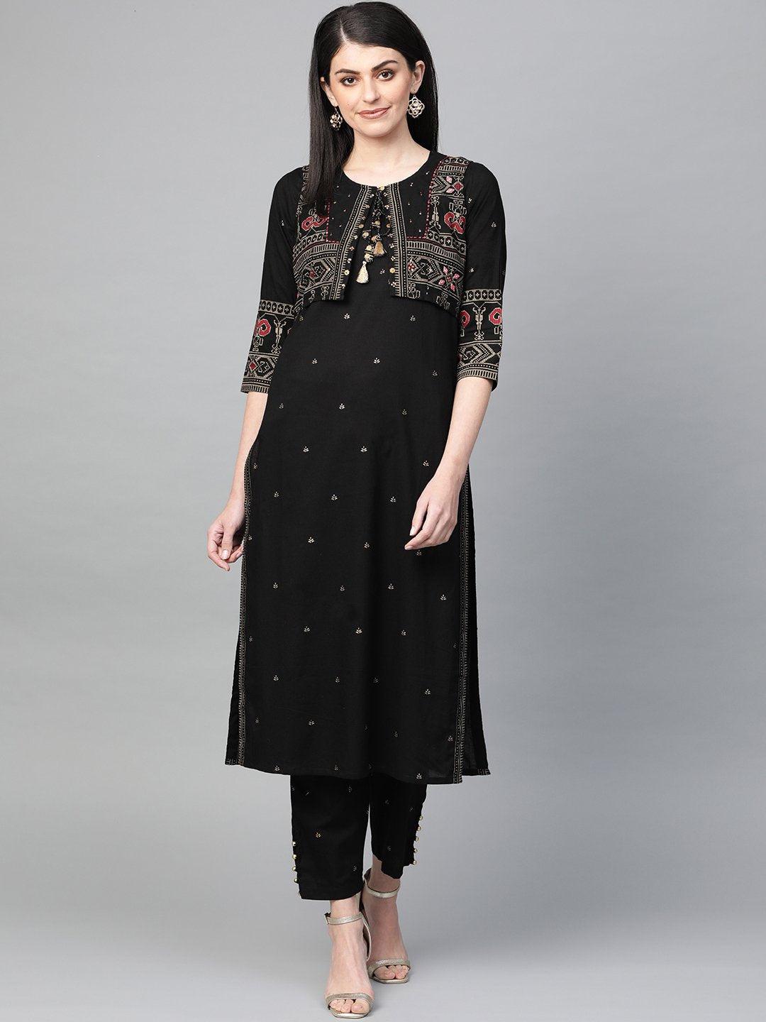 black embellished kurta set with jacket