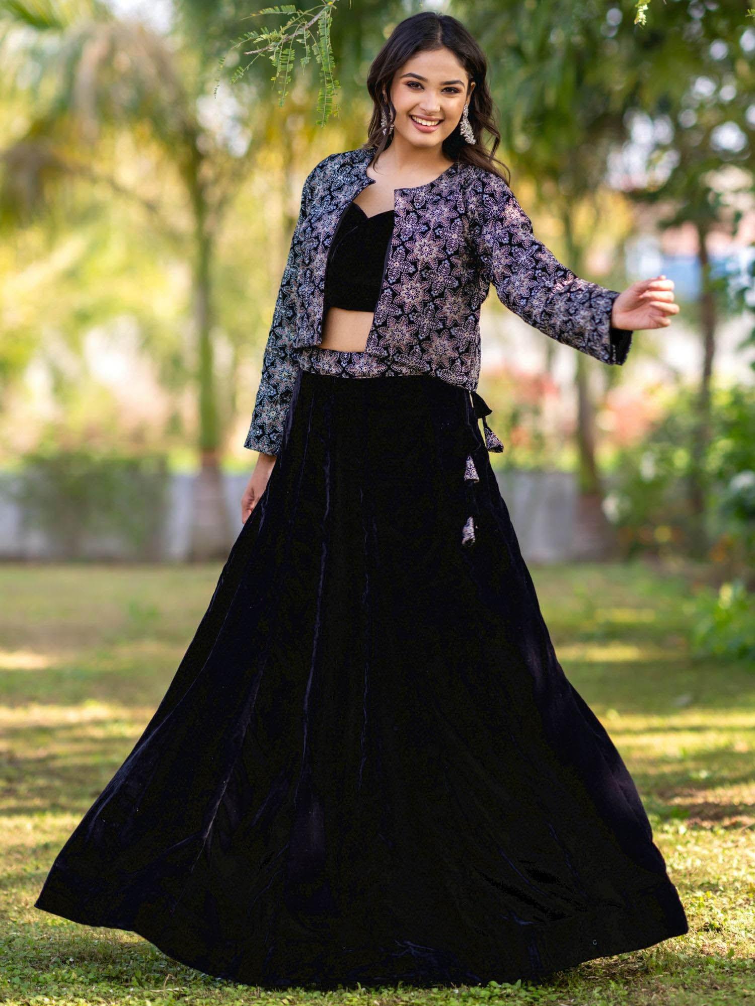 black embellished lehenga with blouse and jacket (set of 3)