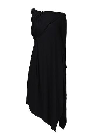 black embellished one shoulder draped dress