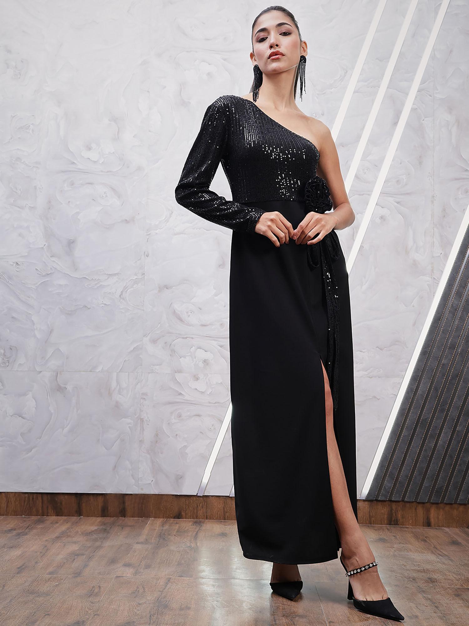 black embellished one shoulder maxi dress