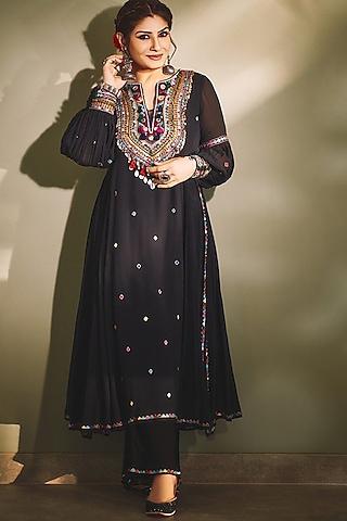 black embellished pleated anarkali set