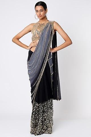 black embellished pre-stitched saree set