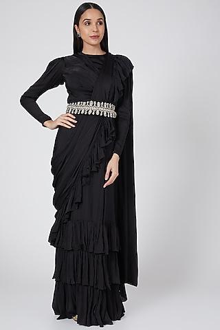 black embellished ruffled saree set