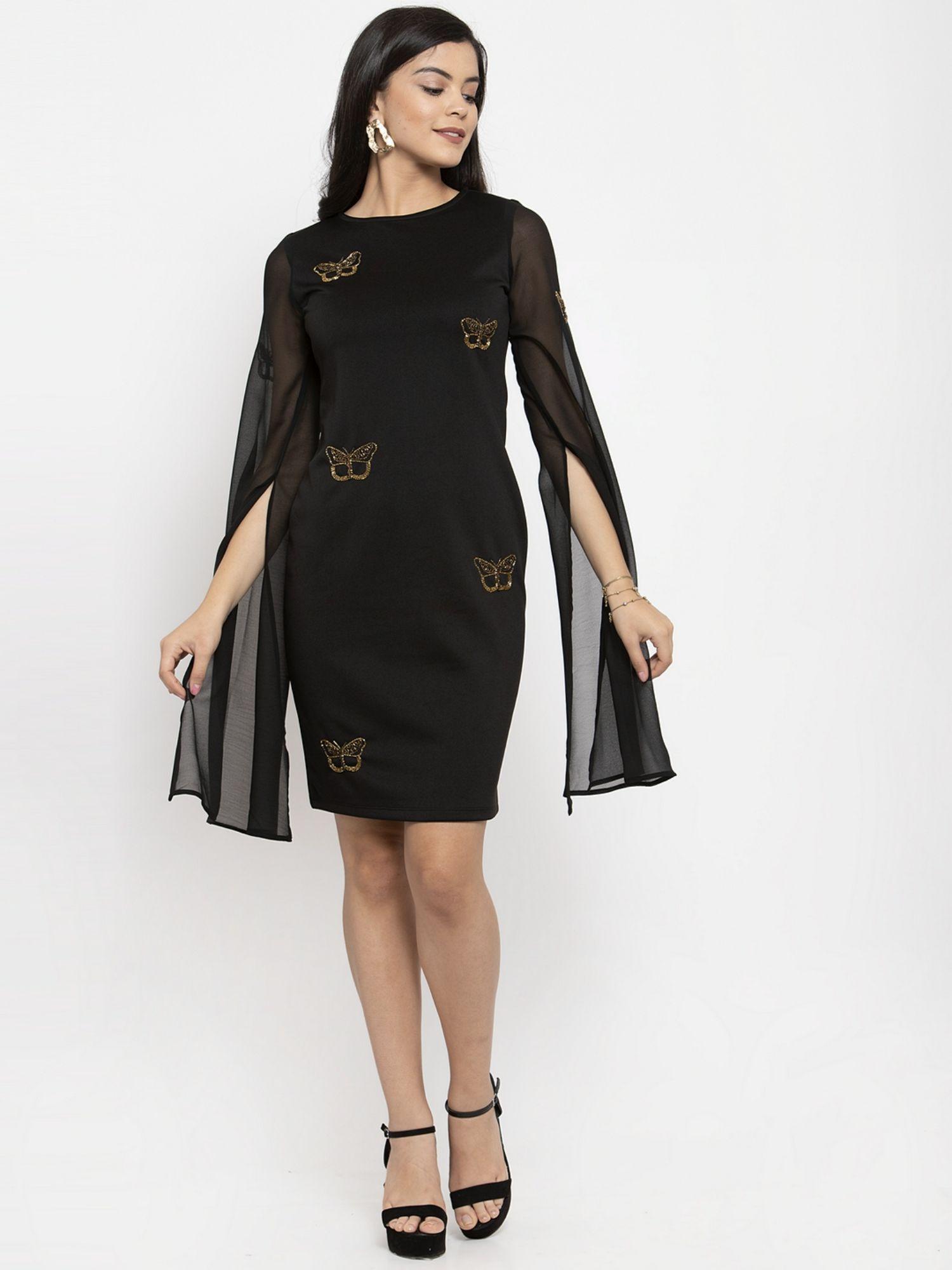 black embellished scuba sheath dress