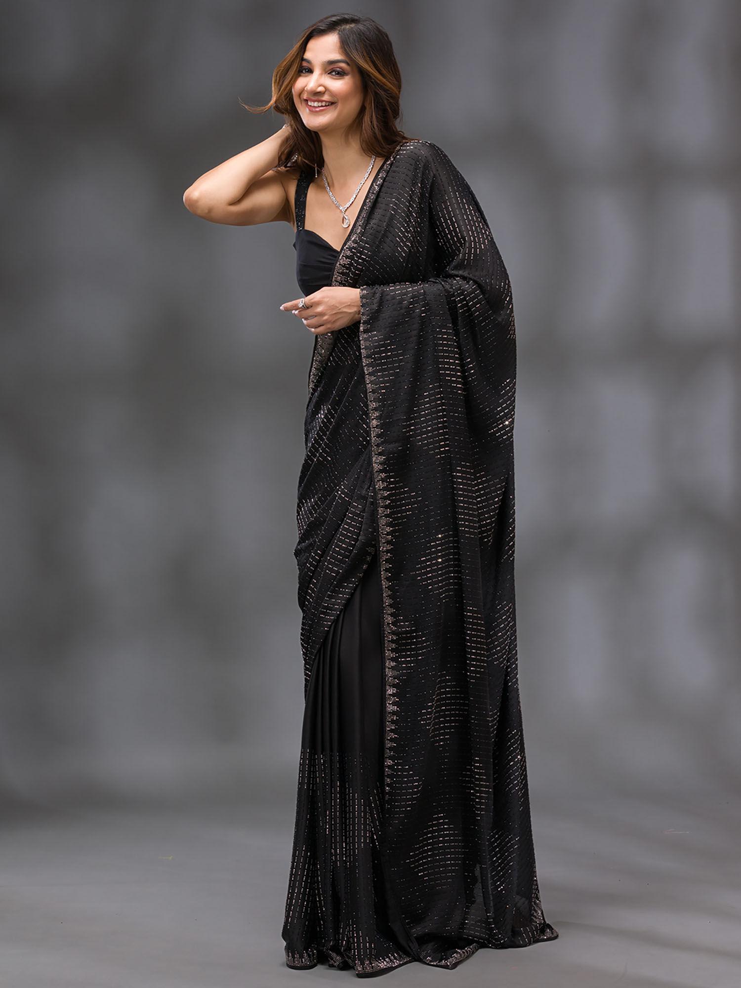 black embellished swarovski stone crepe saree with unstitched blouse