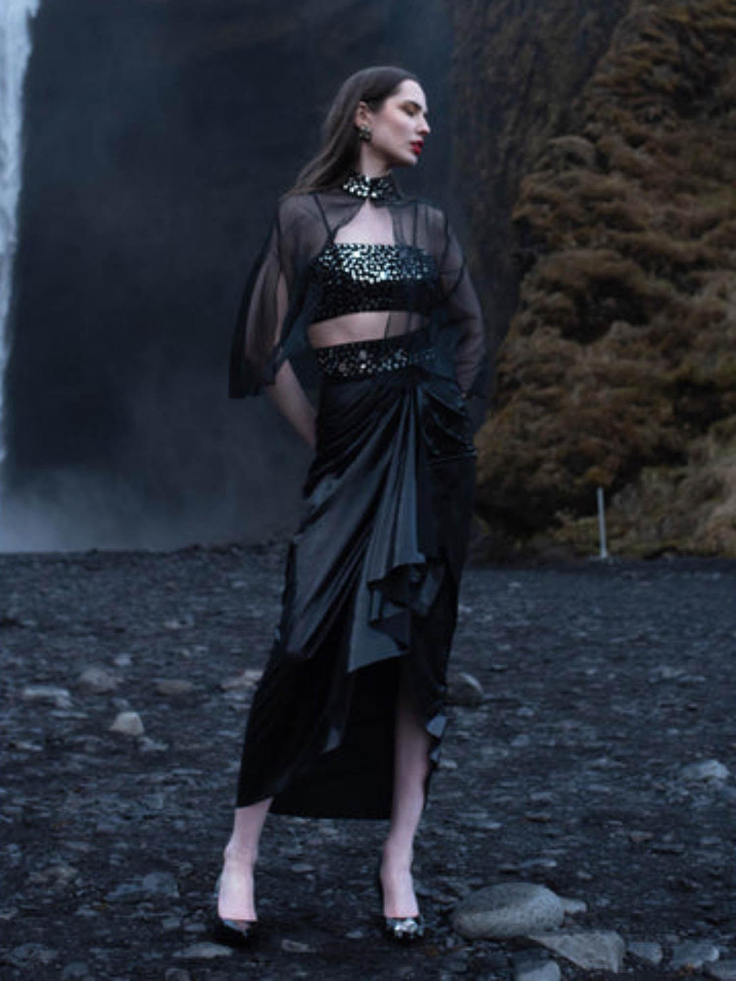 black embellished top with skirt (set of 2)