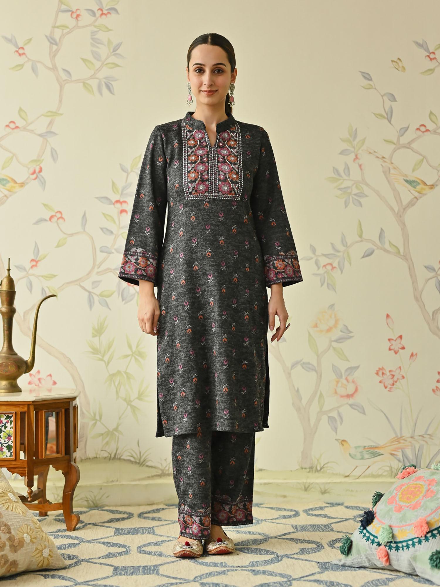 black embroidered & floral printed woollen kurta